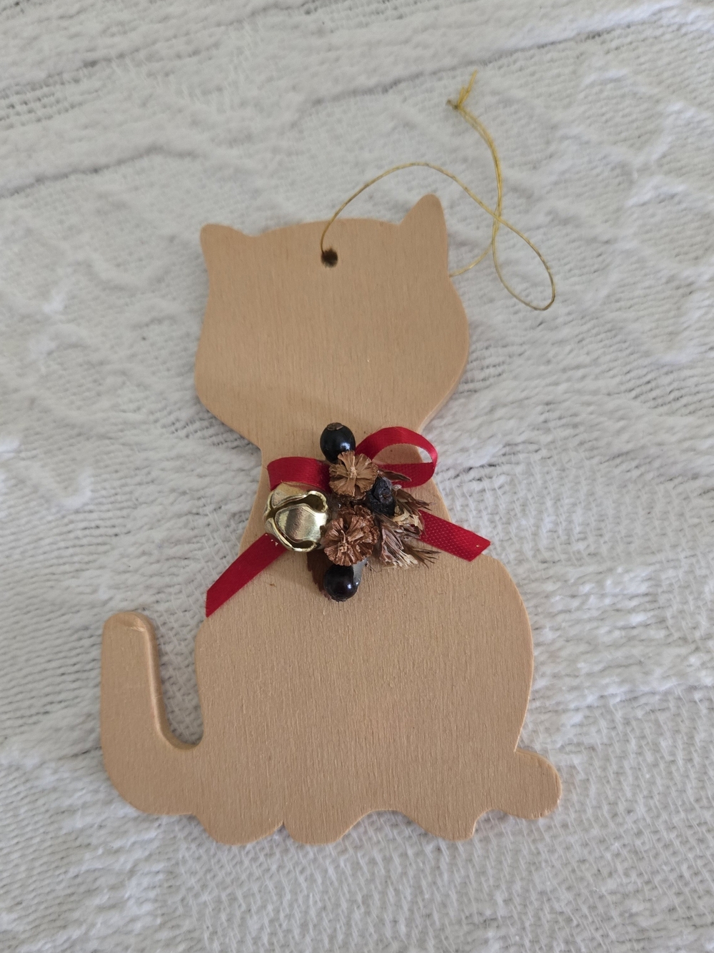 Cat Ornament with Red Bow and Gold Bell